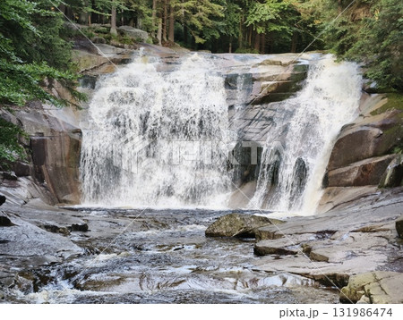 A Beautiful Waterfall Cascading Down Through the Lush Green Forest, Inviting Adventure 131986474