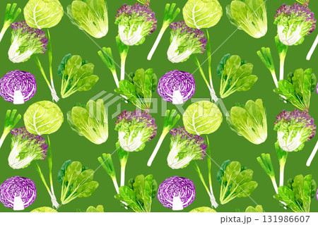 フレッシュな葉物野菜のシームレスパターン 手描き水彩イラスト背景素材 フレッシュな葉物野菜のシームレスパターン 手描き水彩イラスト背景素材 131986607