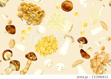 食べられるキノコのシームレスパターン　野菜の手描き水彩イラスト背景素材 131986612