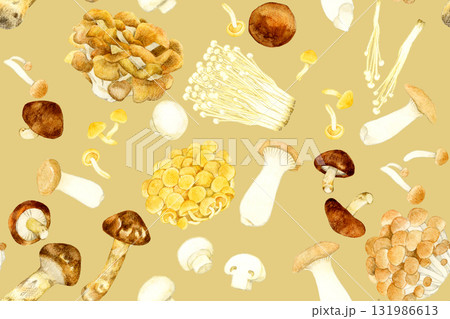 食べられるキノコのシームレスパターン　野菜の手描き水彩イラスト背景素材 131986613