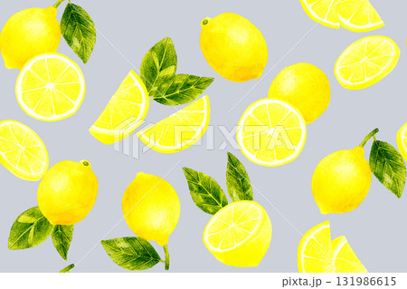 レモンと葉っぱのシームレスパターン　フルーツの手描き水彩イラスト背景素材 131986615