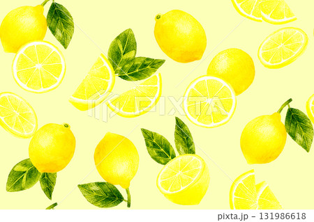 レモンと葉っぱのシームレスパターン　フルーツの手描き水彩イラスト背景素材 131986618