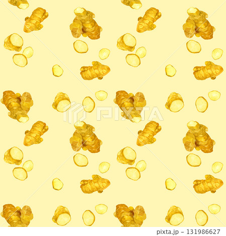 生姜のシームレスパターン　野菜・薬味の手描き水彩イラスト背景素材 131986627