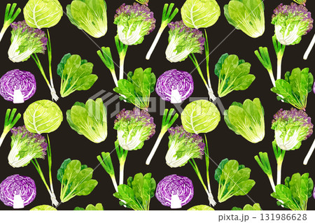 フレッシュな葉物野菜のシームレスパターン　手描き水彩イラスト背景素材 131986628