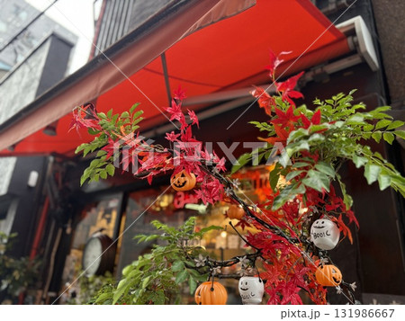 店舗の軒先の紅葉の木に飾られたハロウィンの装飾 店舗の軒先の紅葉の木に飾られたハロウィンの装飾 131986667