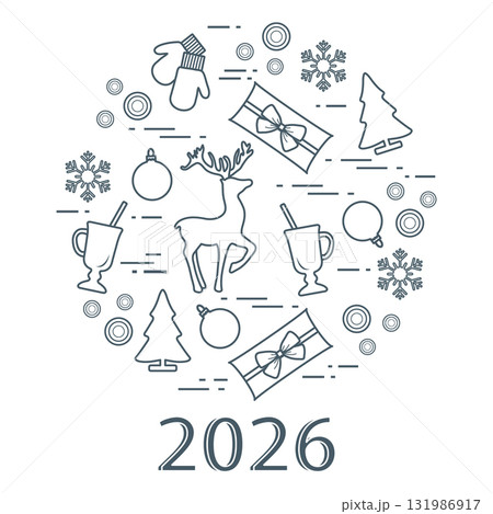 Christmas-themed background with reindeer, gifts, trees, mittens, and snowflakes for 2026 Christmas-themed background with reindeer, gifts, trees, mittens, and snowflakes for 2026 131986917