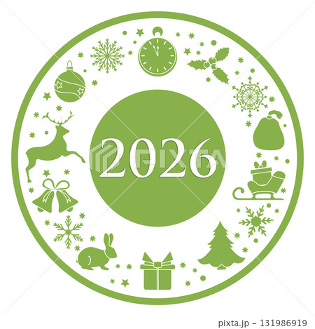 Christmas-themed 2026 calendar with holiday icons, reindeer, snowflakes, and holly border 131986919