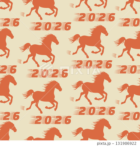 Seamless pattern with galloping horses and 2026 text conveys dynamic energy and anticipation 131986922
