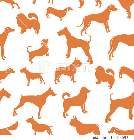 Seamless pattern with various dog silhouettes in orange on white background 131986923