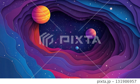 Papercut of colorful planets and cosmic waves frame under a starry night sky Papercut of colorful planets and cosmic waves frame under a starry night sky 131986957