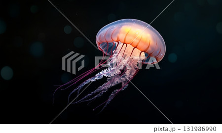 Vibrant jellyfish gliding gracefully through the dark ocean waters 131986990
