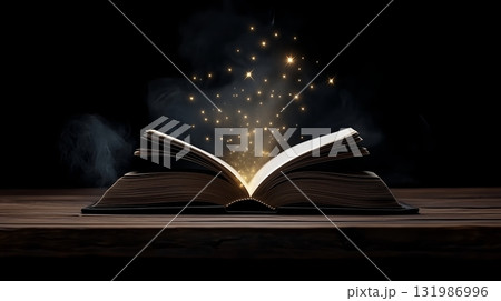 Open book releasing magical sparks in a dark setting Open book releasing magical sparks in a dark setting 131986996