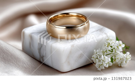 Elegant gold wedding band resting on a marble display with flowers Elegant gold wedding band resting on a marble display with flowers 131987023