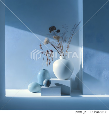 Minimalist art still life, abstract objects in cold color scheme, soft natural lighting, clean composition 131987064