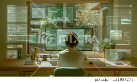 自然光あふれるワークスペースで未来的データ解析をパソコンで行う女性 131987275