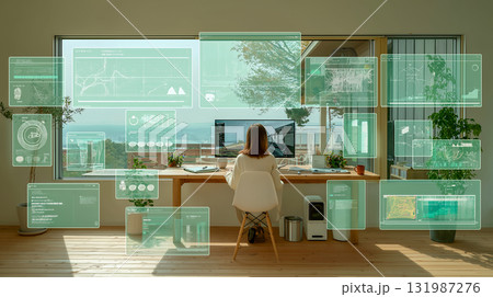 海の見える自宅オフィスで未来型データ分析をパソコンで行う女性 131987276