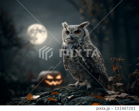 Owl near a carved glowing jack-o'-lantern with full moon behind. Halloween Owl near a carved glowing jack-o'-lantern with full moon behind. Halloween 131987281