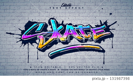 Editable Skate Graffiti Text Effect Design with Customizable Colorful Grunge Hand Drawn Street Art Font on Brick Wall Background. Vector Illustrator Graphic Style Premium Typography Lettering 131987398
