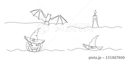 Pumpkin, wizard hat and bat one line illustration. Hand drawn vector continuous sketch of candle isolated on white background. Halloween designs set 131987600
