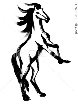An illustration of a rearing horse in the style of oriental calligraphy isolated 131987631