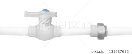 Plastic drain pipe with tap isolated on white background 131987656