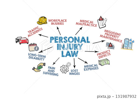 PERSONAL INJURY LAW Concept. Illustration with icons, keywords and arrows on a white background PERSONAL INJURY LAW Concept. Illustration with icons, keywords and arrows on a white background 131987932