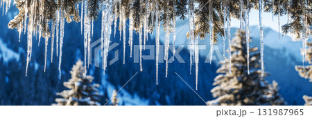 Icicles shine under the evening sky as sunlight filters through snow-covered trees in a serene winter forest. Tracks in the snow lead deeper into the tranquil scene, banner 131987965