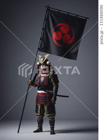 甲冑を着た武将　日本のサムライ 　旗 131988090