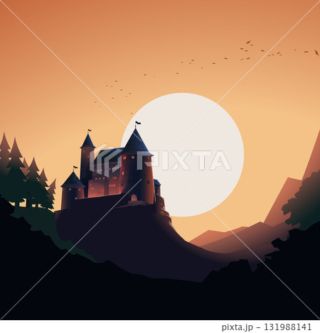 a medieval castle at orange sunset horizon 131988141