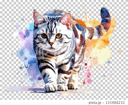 Watercolor of a walking American Shorthair 131988232
