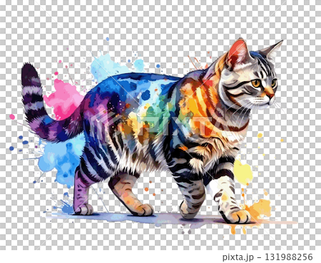 Watercolor painting of a walking American Shorthair 131988256