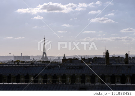 Evening view of Paris with the Eiffel Tower and rooftops 131988452