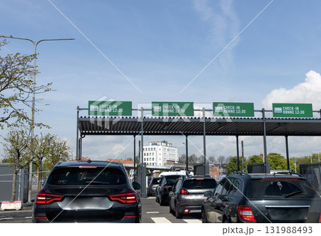 Gate for the ferry to Bornholm with the inscription on board check in - Ronne. Ystad, Sweden - May 14, 2024 Gate for the ferry to Bornholm with the inscription on board check in - Ronne. Ystad, Sweden - May 14, 2024 131988493