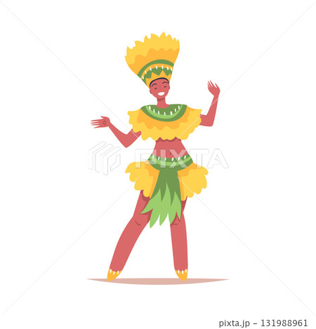 Man Dancer at Brazilian Carnival Dressed in Colorful Feather Outfit Dancing Vector Illustration 131988961