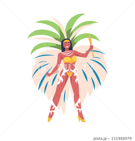 Woman Dancer at Brazilian Carnival Dressed in Colorful Feather Outfit Dancing Vector Illustration 131988979