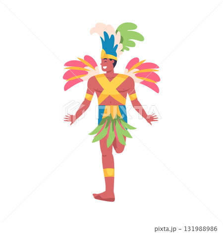 Man Dancer at Brazilian Carnival Dressed in Colorful Feather Outfit Dancing Vector Illustration 131988986