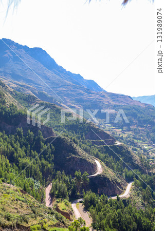 Nice view of the town of Pisac from the ruins with the same name in Cusco. Nice view of the town of Pisac from the ruins with the same name in Cusco. 131989074