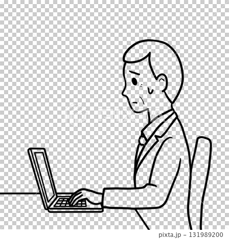 一位表情苦惱的老人正在使用電腦（僅線條畫，橫向） 131989200