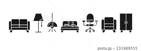 Set of furniture black silhouette icon interior elements such as a sofa, wardrobe, lamp, chair, home plant. Outline icons collection	 131989555