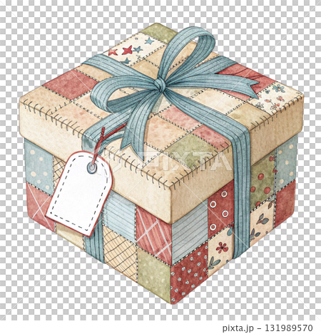 A folk art patchwork fabric giftbox and tag 131989570