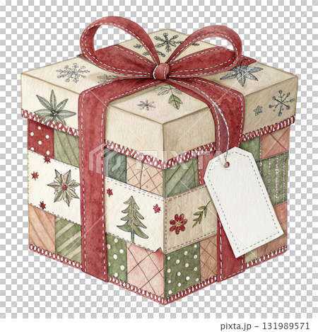 A folk art patchwork fabric giftbox and tag A folk art patchwork fabric giftbox and tag 131989571