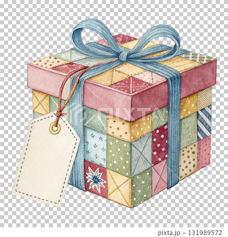 A folk art patchwork fabric giftbox and tag 131989572