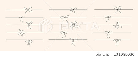 Minimal line ribbon, knot with tie bow. Outline hand drawn sketch string for gift box, package, present. Simple vector illustration. Minimal line ribbon, knot with tie bow. Outline hand drawn sketch string for gift box, package, present. Simple vector illustration. 131989930