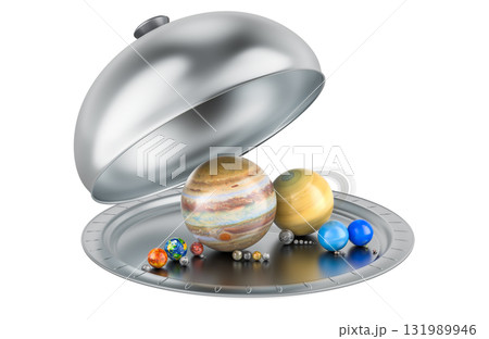 Solar system planets on tray. 3D rendering Solar system planets on tray. 3D rendering 131989946