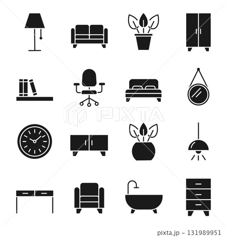 Set of furniture black silhouette icon interior elements such as a sofa, wardrobe, lamp, chair, home plant. Outline icons collection	 131989951