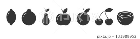 set of black silhouette fruit icons such as apple pomegranate peach lemon	 131989952