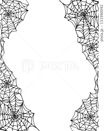 A vertical frame with a spider web. Black outline drawing for Halloween. Hand-drawn graphic frame with space for text. Line drawing of creepy threads for holiday decorations, cards, and invitations. 131990092