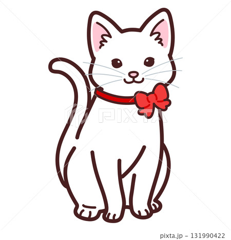 赤いリボンを付けた可愛い白猫のイラスト 131990422