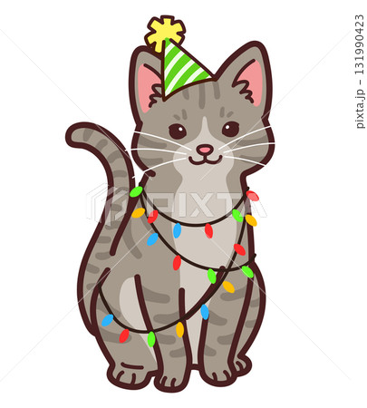パーティの服を着た可愛いサバトラ猫のイラスト パーティの服を着た可愛いサバトラ猫のイラスト 131990423