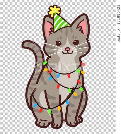 パーティの服を着た可愛いサバトラ猫のイラスト パーティの服を着た可愛いサバトラ猫のイラスト 131990423
